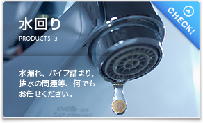 水回り。水漏れ、パイプ詰まり、排水の問題等、何でもお任せ下さい。